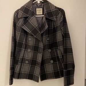 Old Navy Wool Blend Peacoat Gray Black Plaid Checkered Button Up
